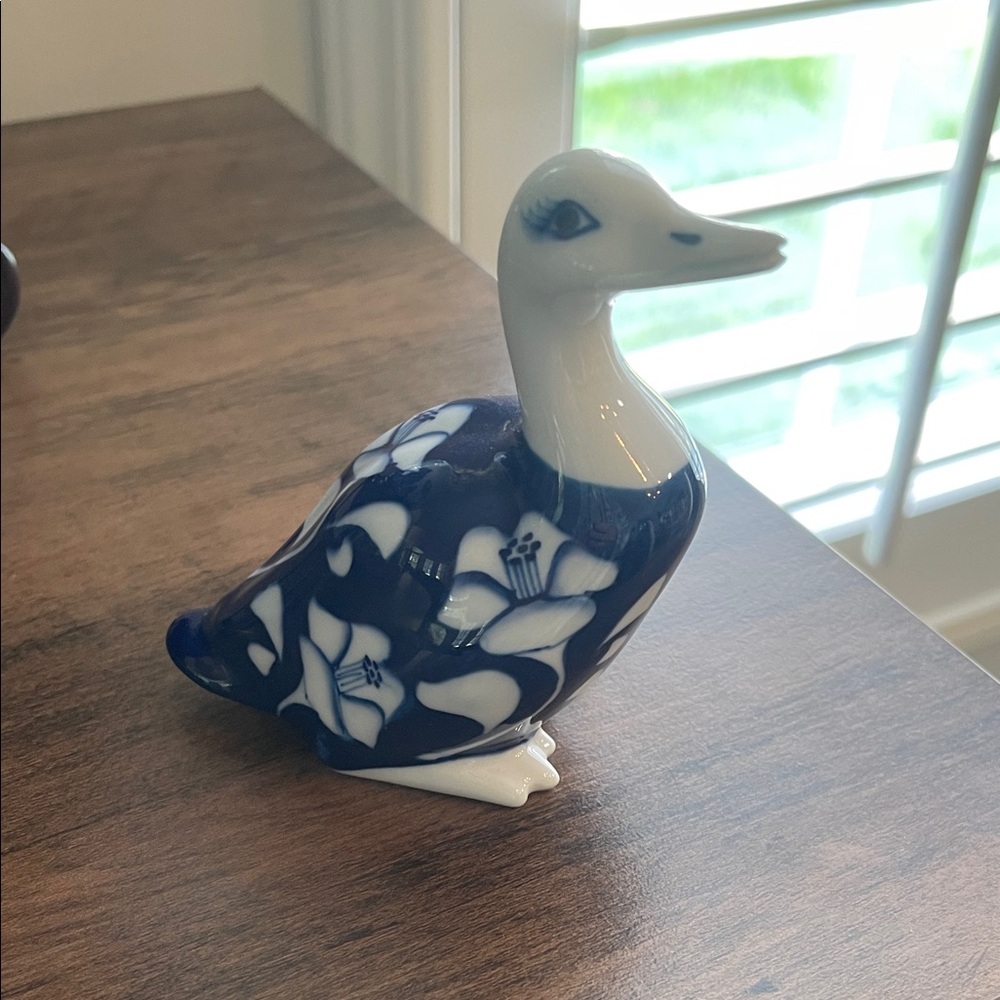 Blue and White Ceramic Duck Figurine